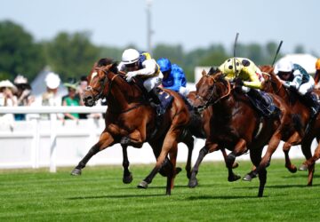 3BJY64W Docklands ridden by Mark Zahra (left) on their way to winning the Queen Anne Stakes during day one of Royal Ascot at Ascot Racecourse, Berkshire. Picture date: Tuesday June 17, 2025.